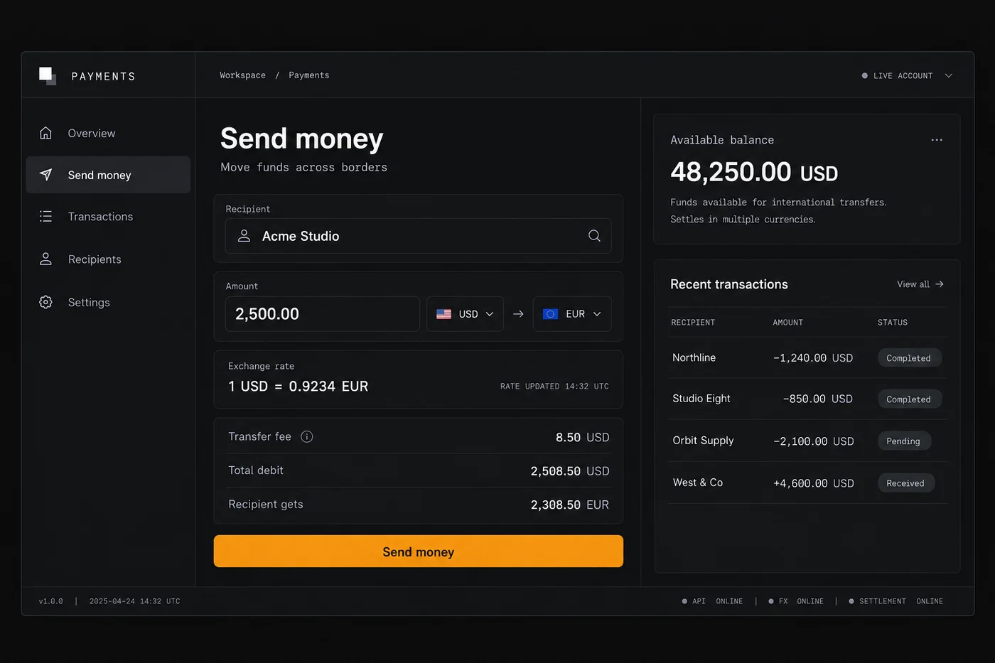 Payments and Money Transfer: Fees, Rates and Safety - Product interface mockup