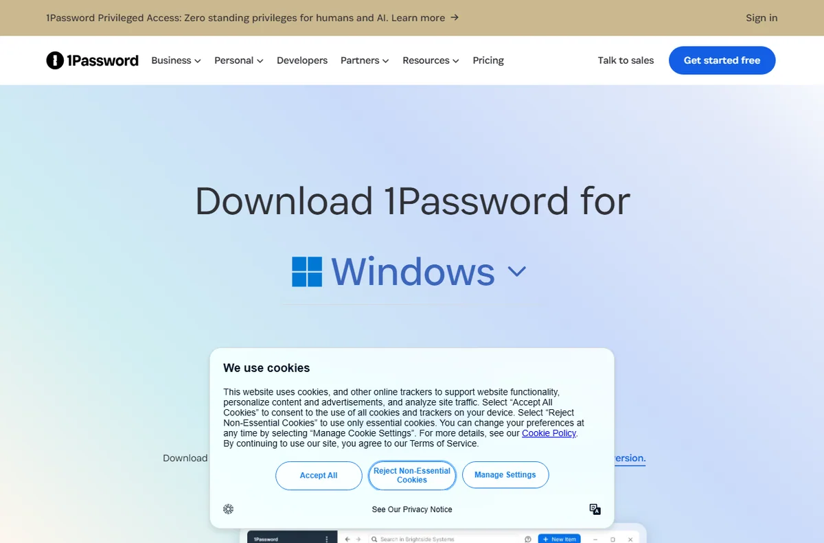 1Password downloads page for installing the app