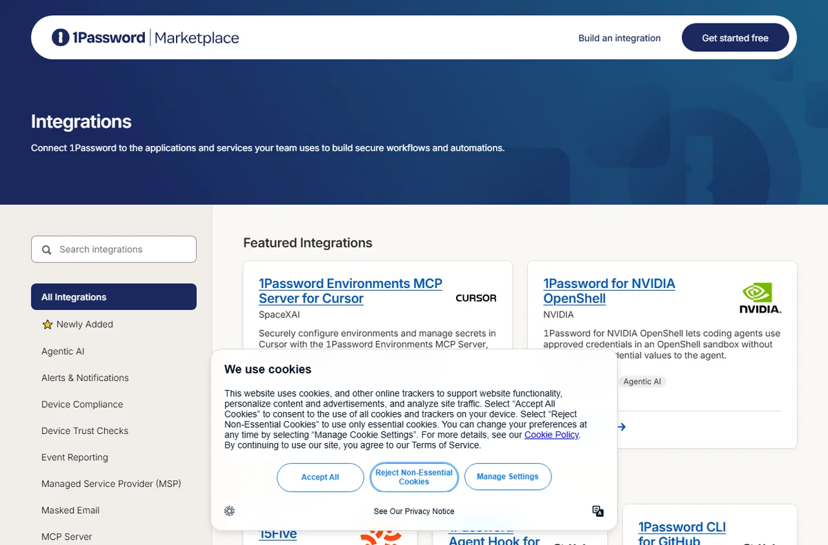 1Password Marketplace of integrations