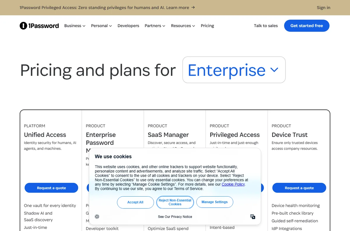 1Password pricing page with plan tiers