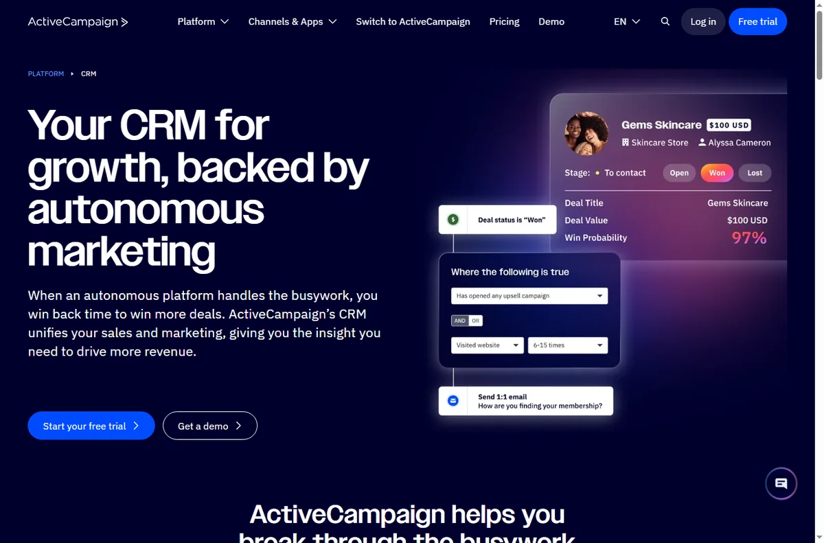 ActiveCampaign contacts and CRM view for importing contacts