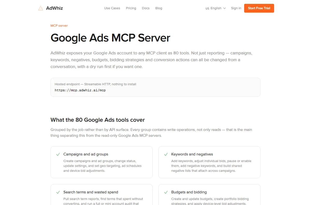 AdWhiz Google Ads MCP server page