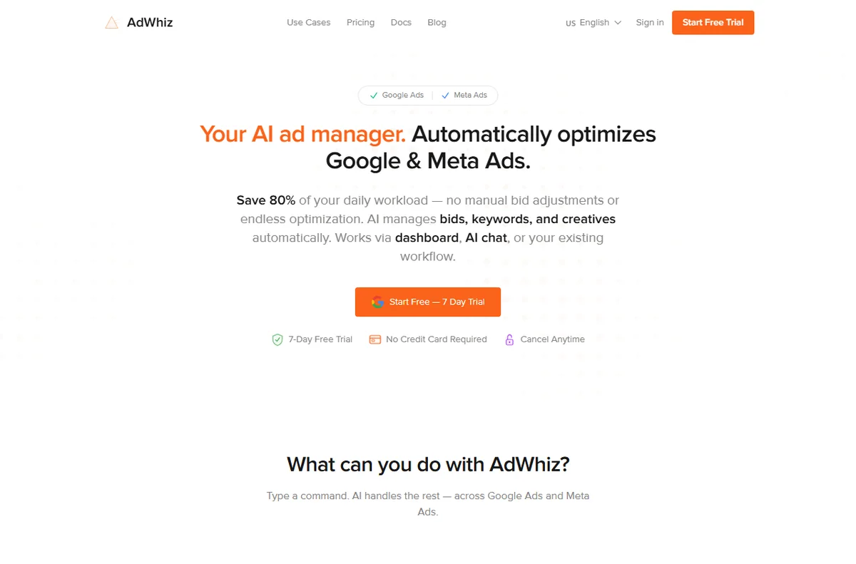 AdWhiz homepage - AI-powered Google Ads & Meta Ads audit and dashboard
