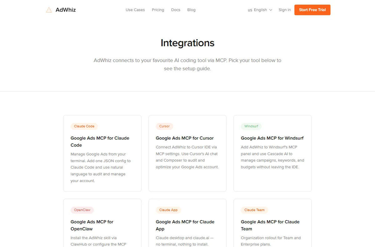 AdWhiz integrations - Google Ads MCP for AI coding tools