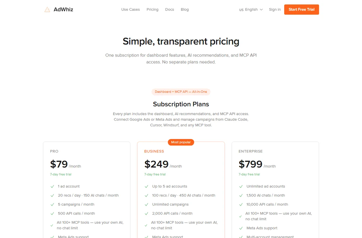 AdWhiz pricing and plans page
