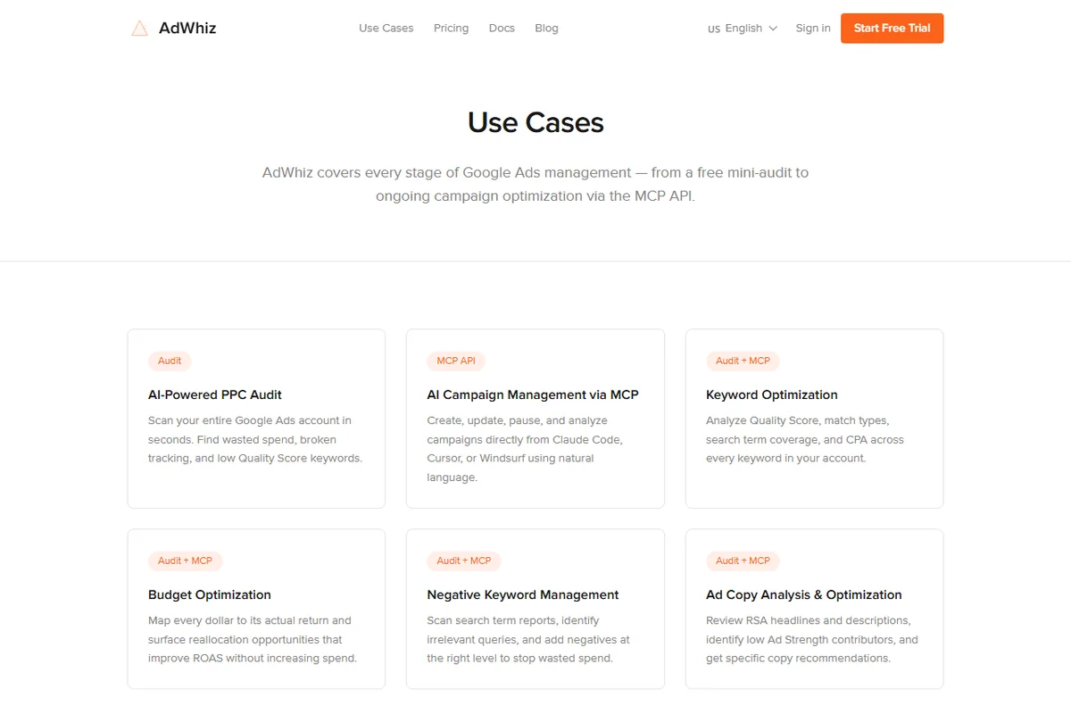 AdWhiz use cases page for Google Ads and Meta Ads teams