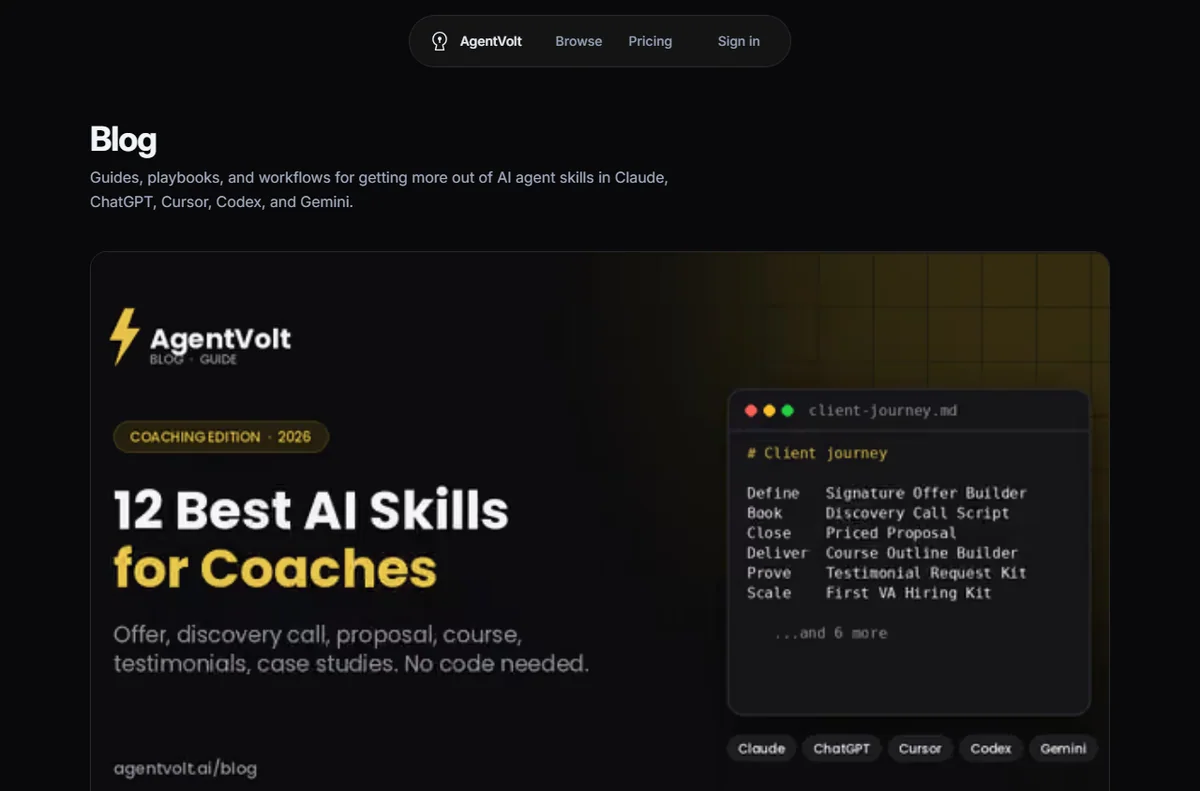 AgentVolt blog index listing articles on AI agents