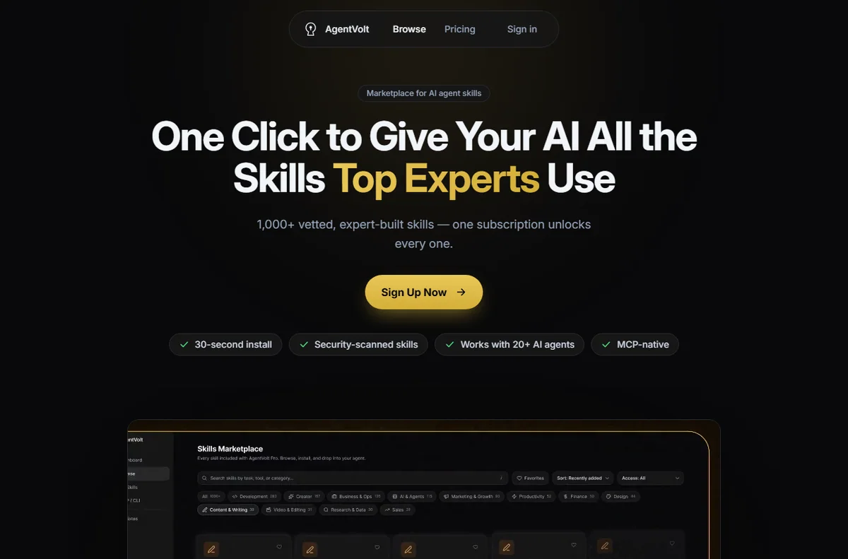AgentVolt homepage introducing its AI agent skills marketplace