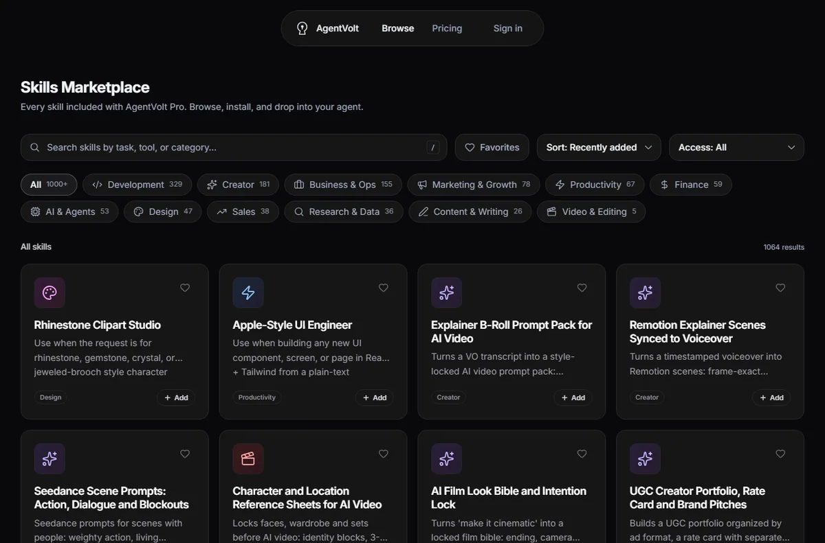 AgentVolt marketplace listing AI agent skills by category