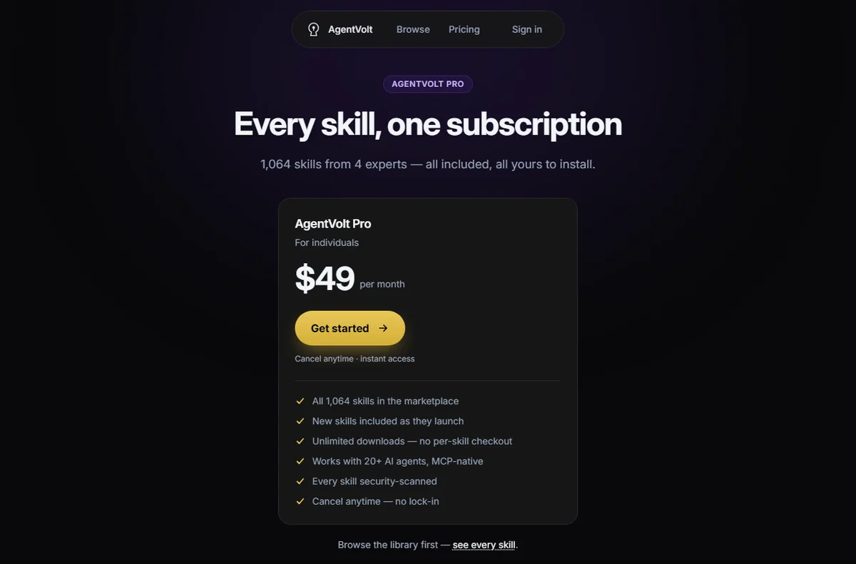 AgentVolt Pro page with the subscription plan and what it unlocks