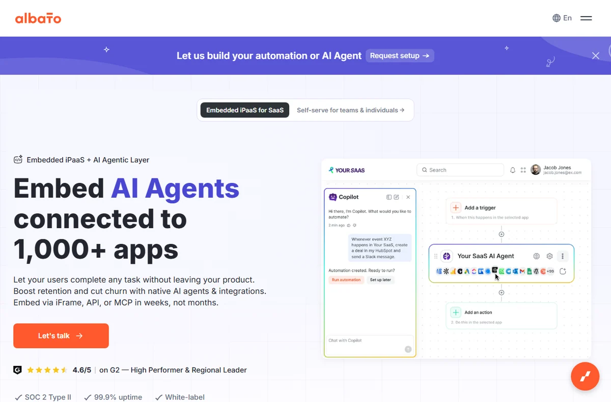 Albato homepage for no-code automation across 1,000+ apps