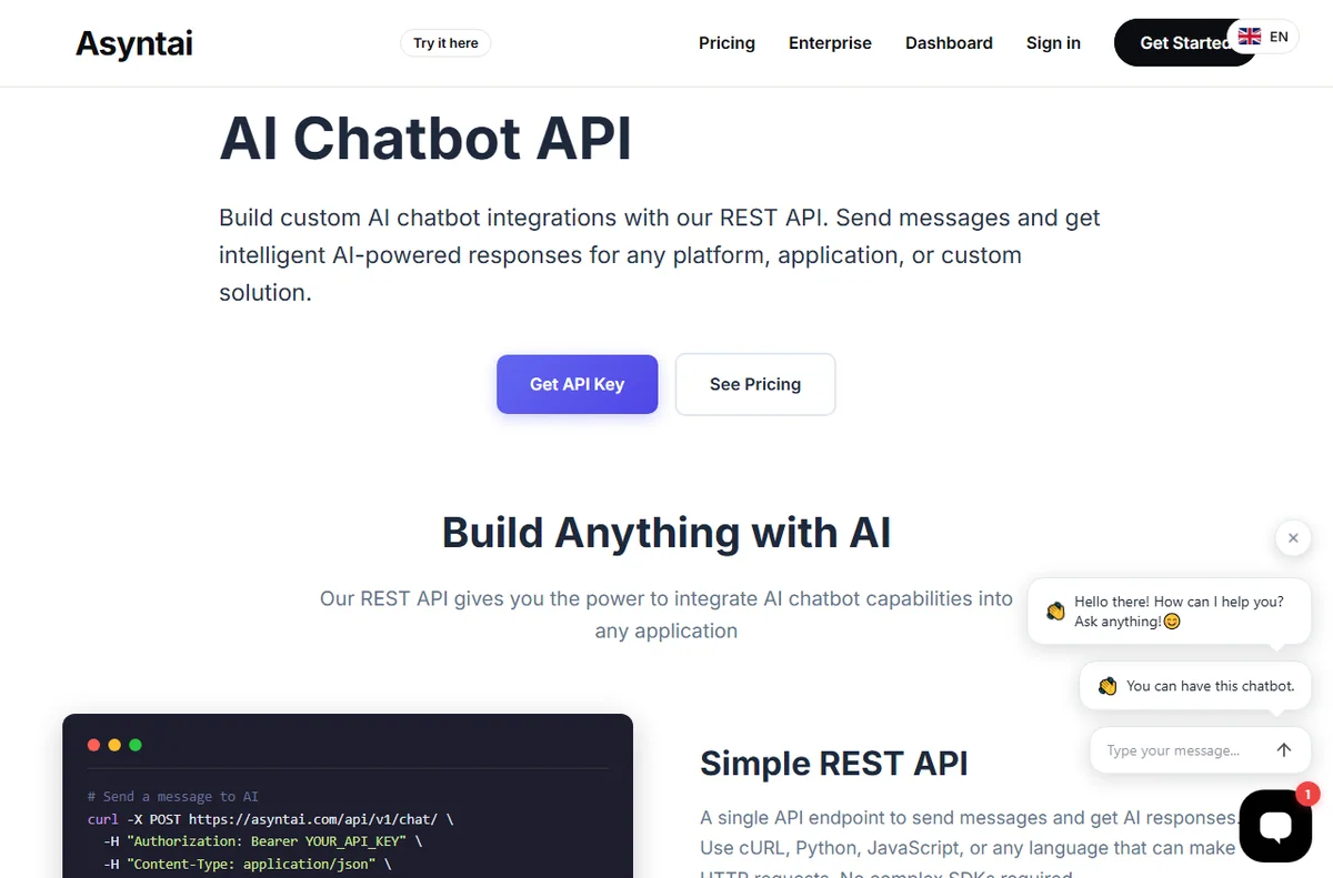 Asyntai chatbot API page