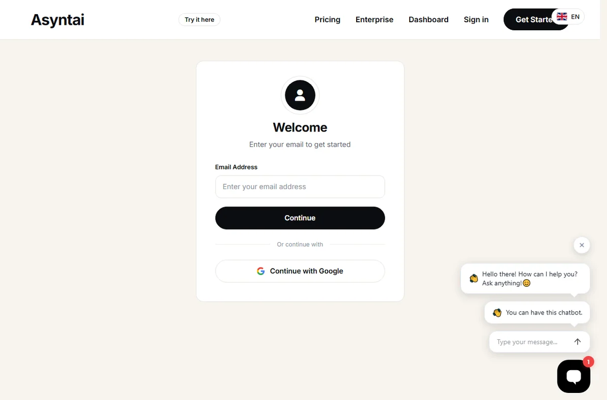 Asyntai sign-up page to start free