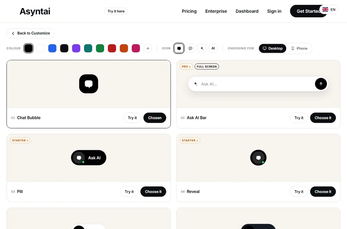 Asyntai chat button feature page