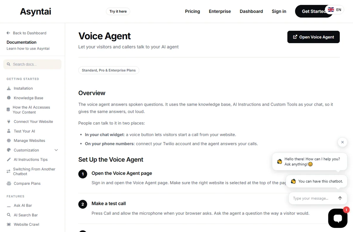 Asyntai voice agent documentation page