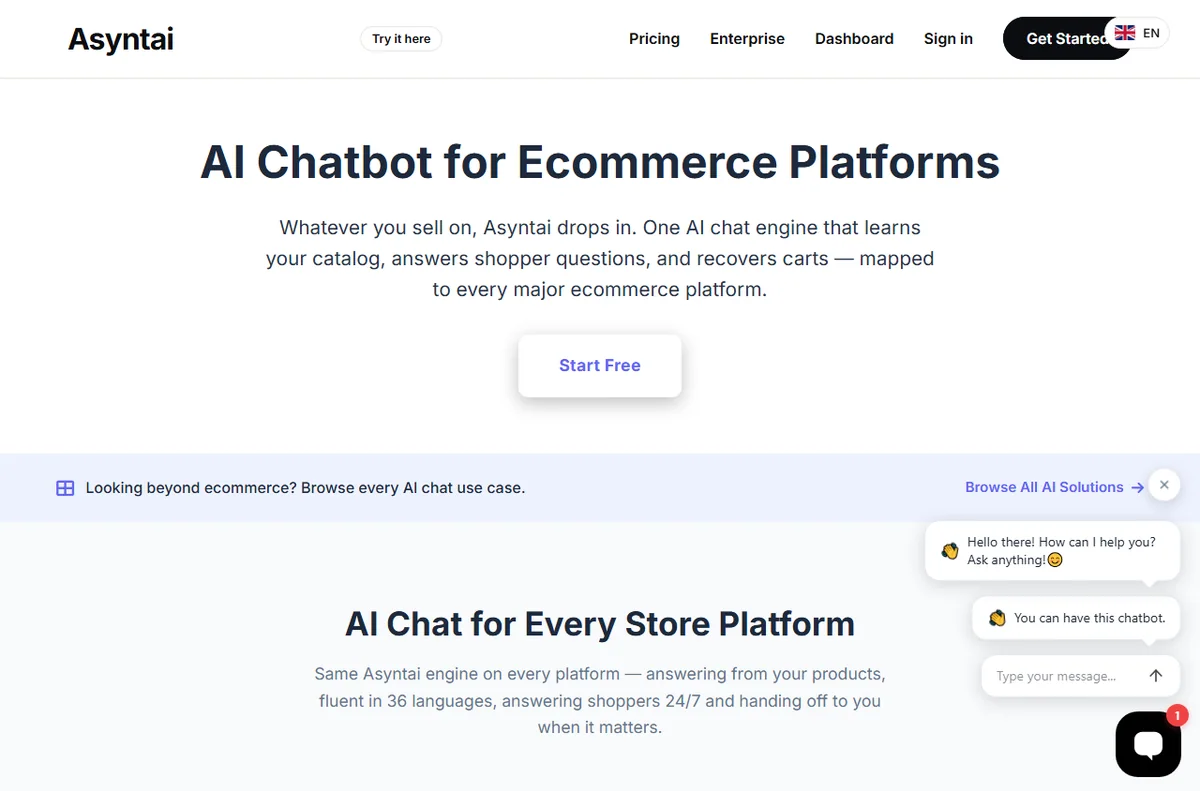 Asyntai ecommerce AI solutions page