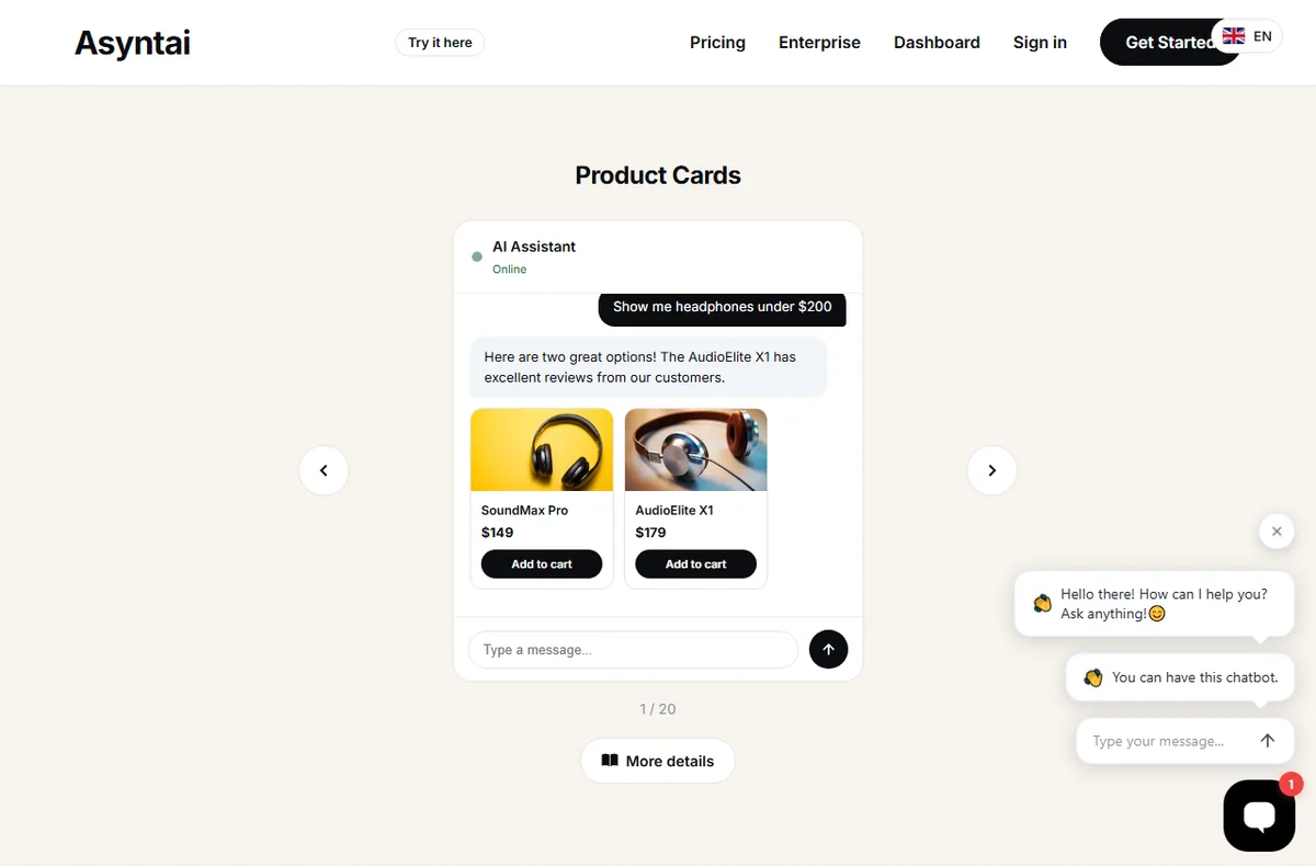 Asyntai features page listing chatbot capabilities
