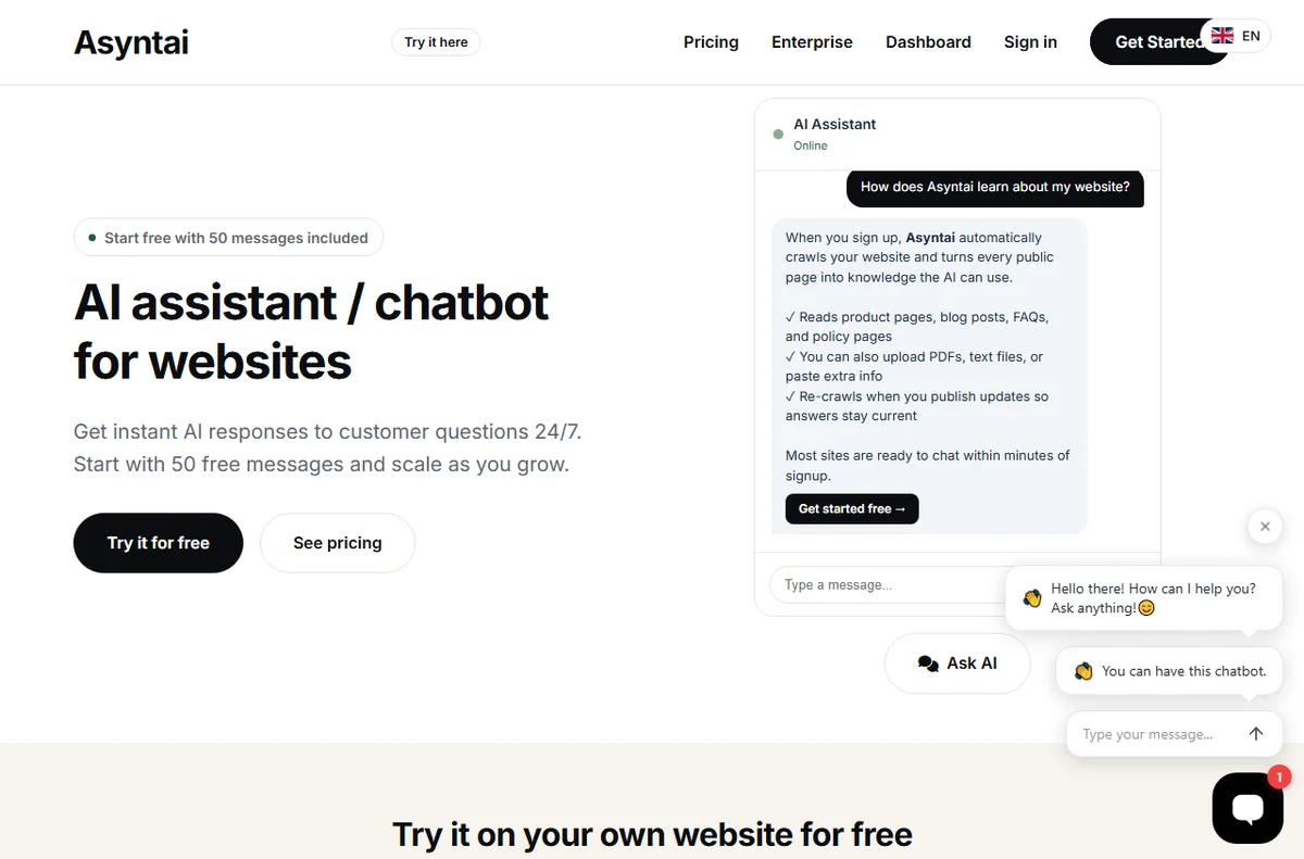 Asyntai homepage - AI assistant and chatbot for websites