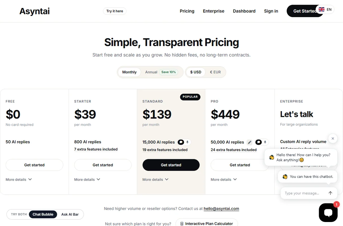 Asyntai pricing page with monthly plans