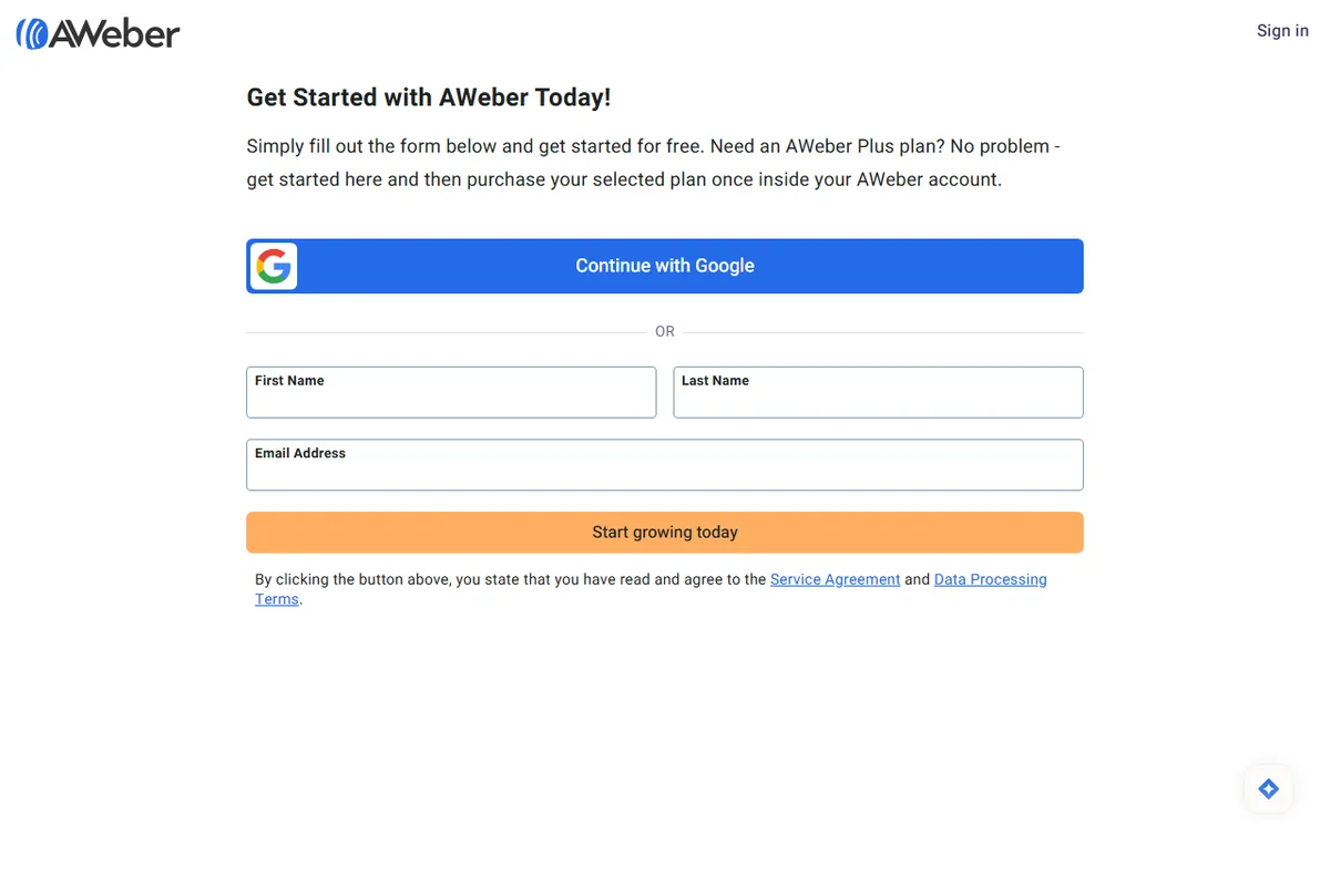 AWeber free plan page