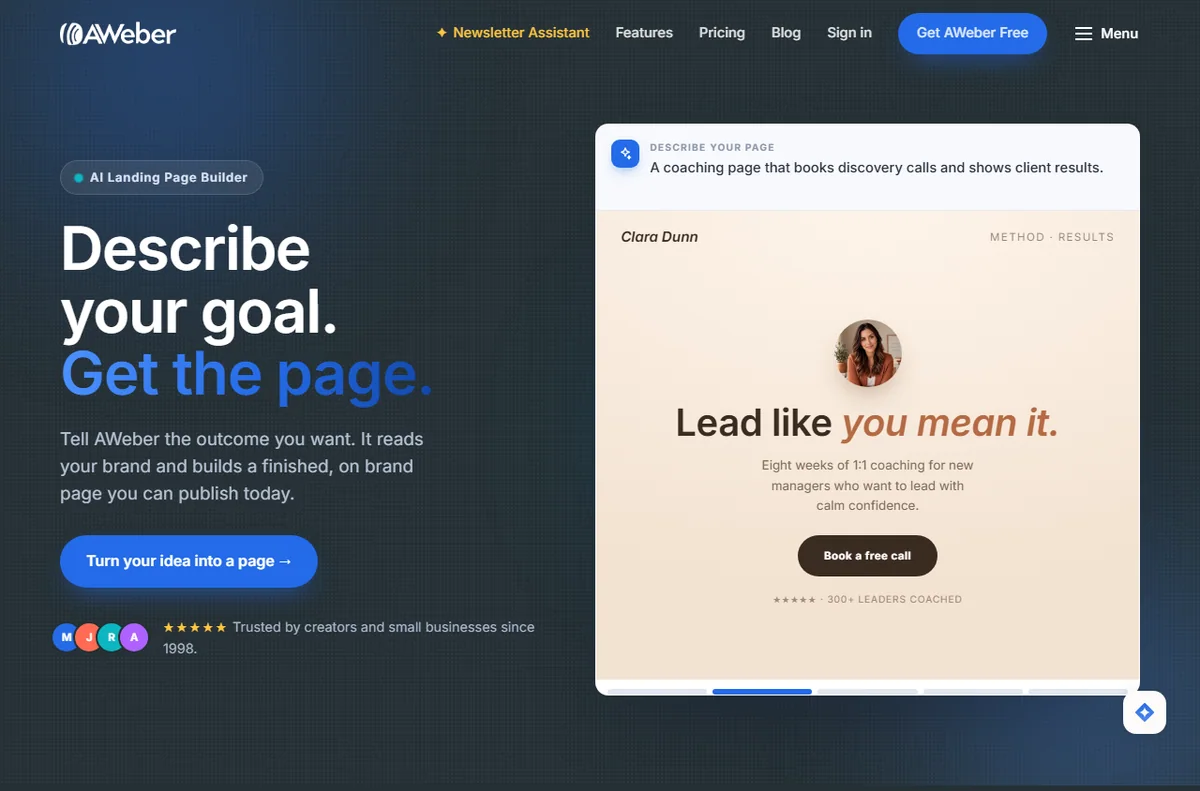 AWeber landing page builder page