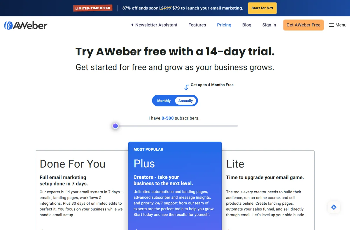 AWeber pricing and plans page
