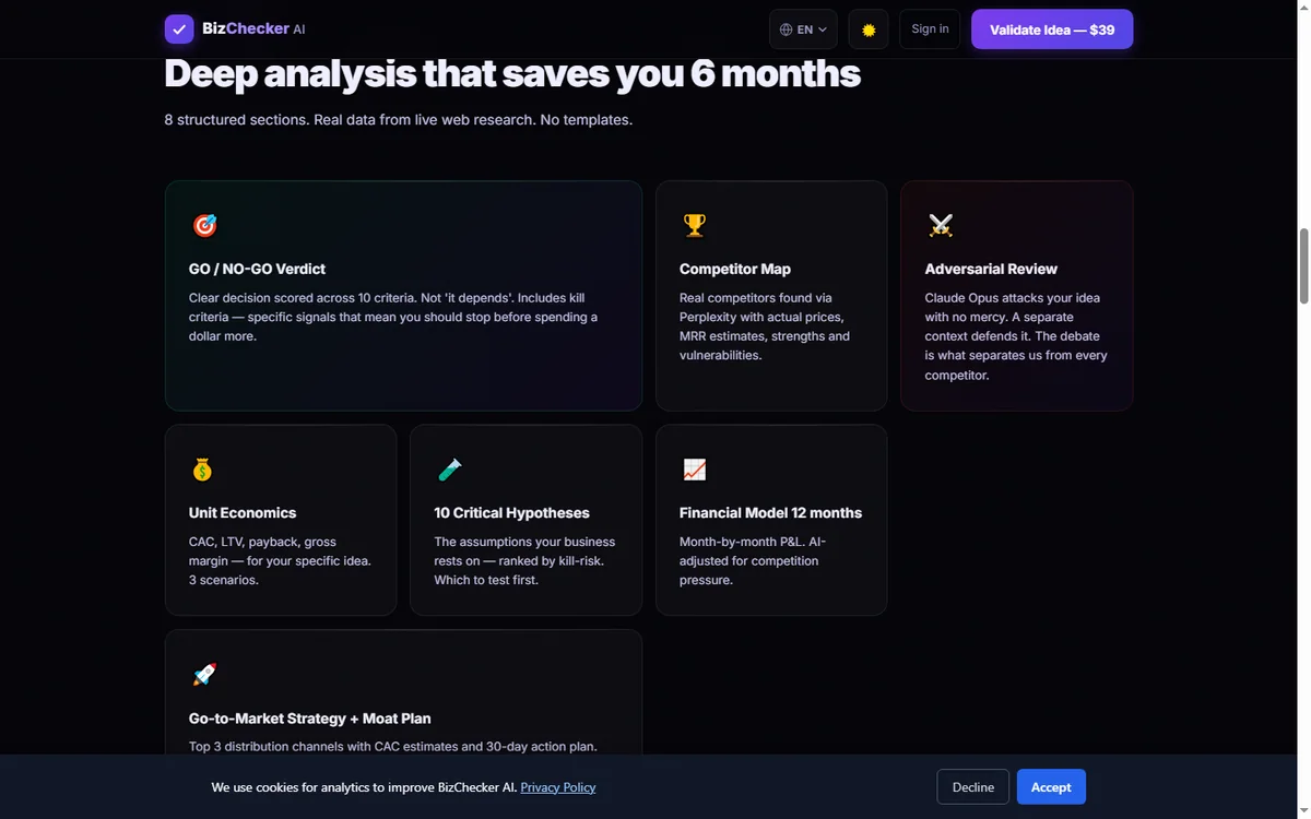 BizChecker AI analysis screen with structured findings