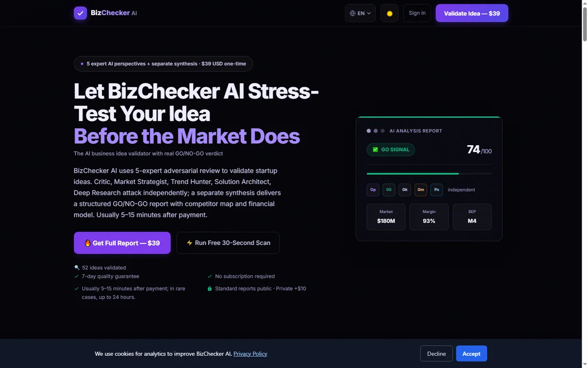 BizChecker AI official homepage for business idea validation