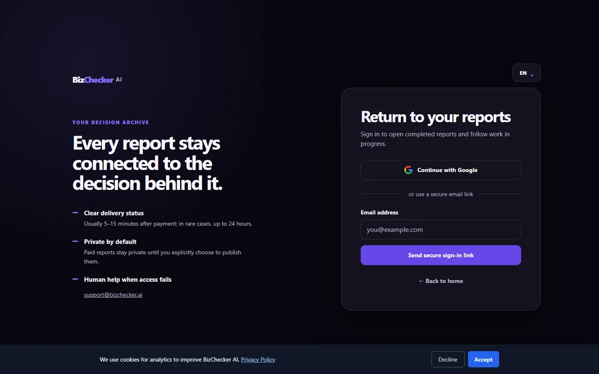 BizChecker AI login screen for account access