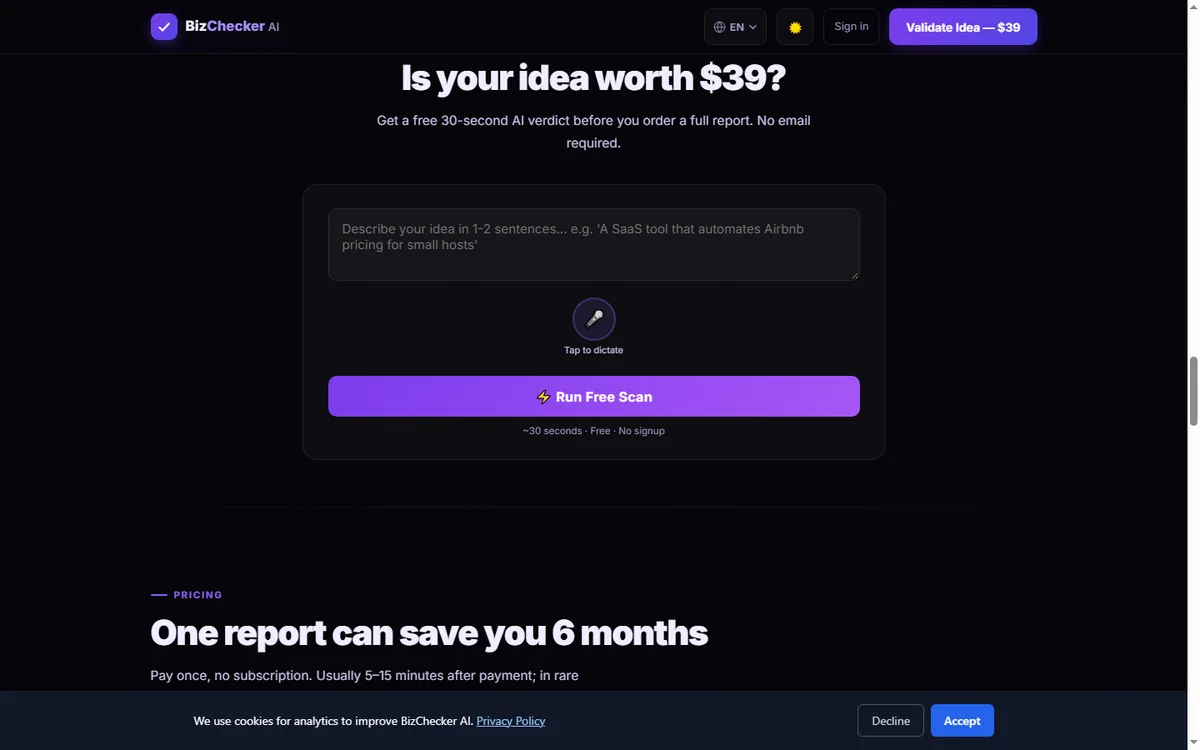 BizChecker AI pricing page with plan tiers
