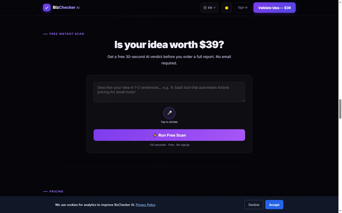 BizChecker AI scan screen for submitting a business idea