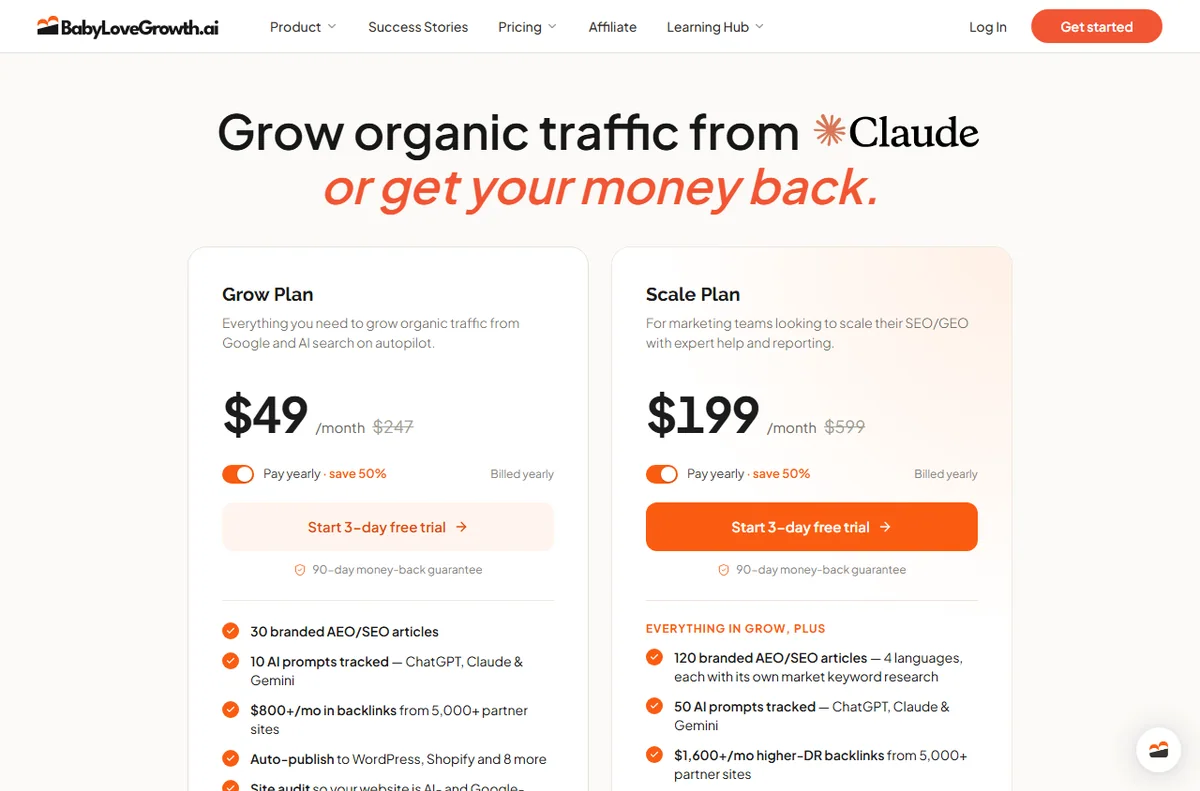 BabyLoveGrowth pricing page with plan tiers