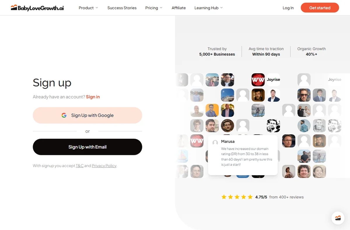 BabyLoveGrowth sign-up page