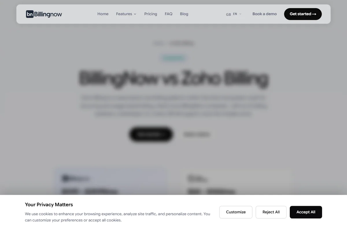 BillingNow vs Zoho comparison page