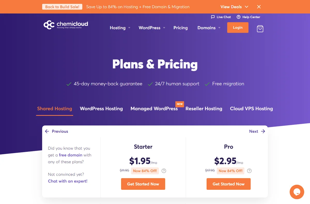 ChemiCloud hosting pricing page with shared and WordPress plans