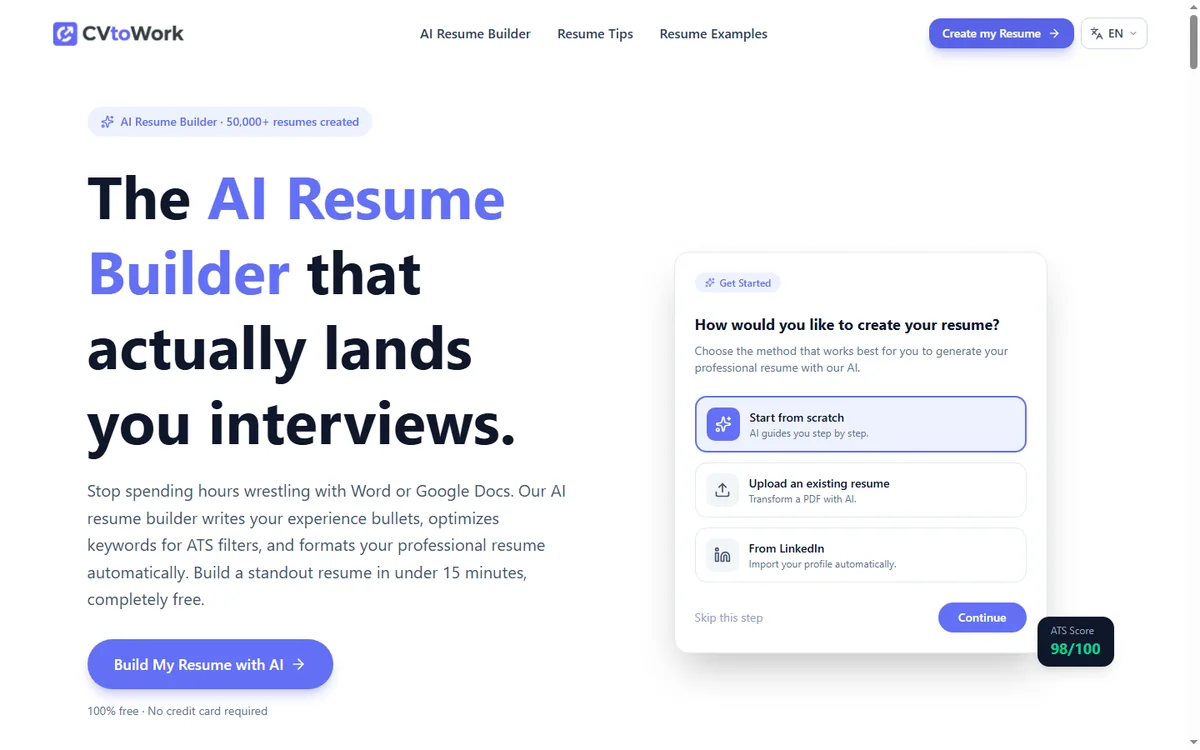 CVtoWork AI resume builder landing page