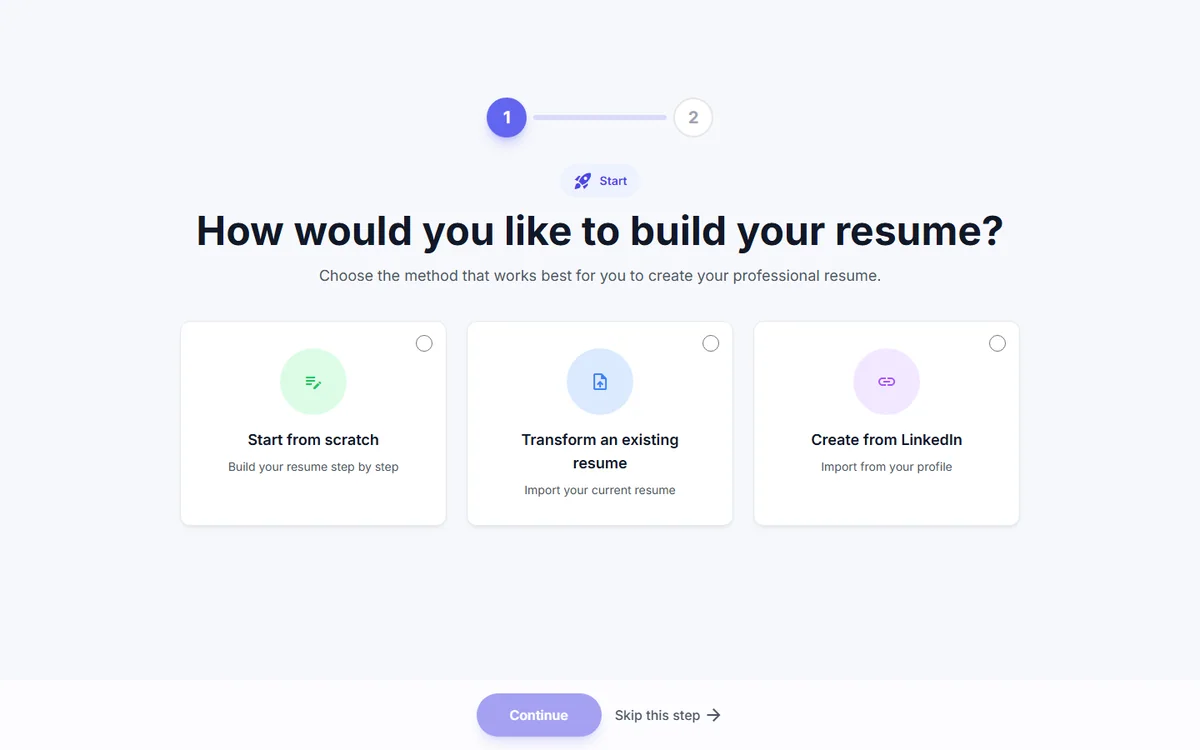 CVtoWork app start screen: start from scratch, transform a resume, or import from LinkedIn