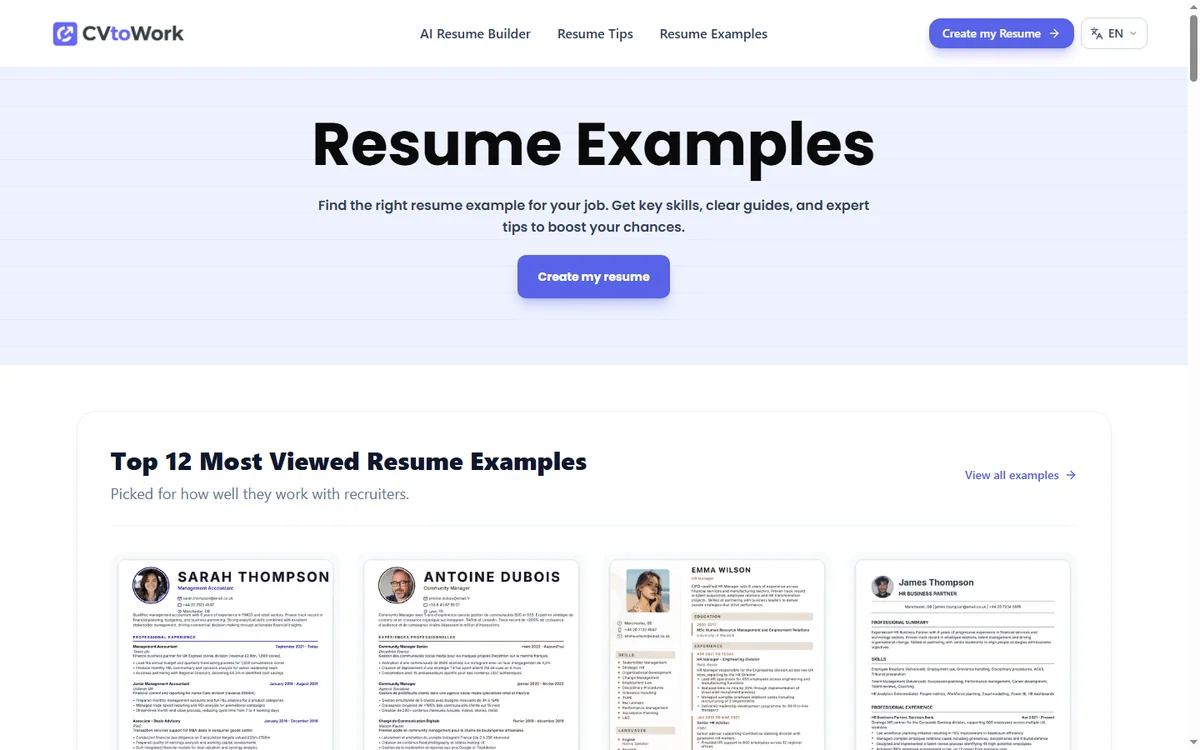 CVtoWork resume examples library
