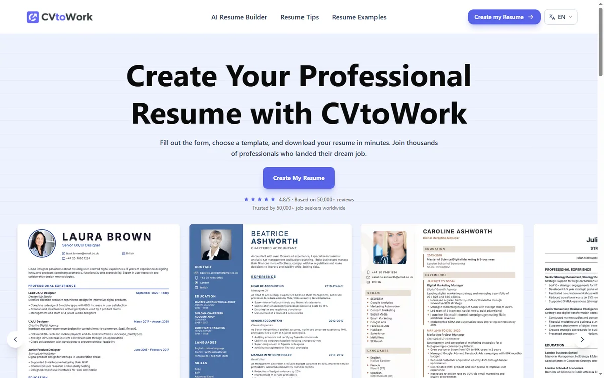 CVtoWork homepage introducing the AI resume builder