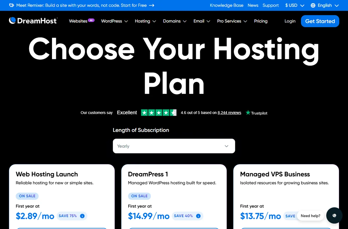 DreamHost web hosting plans page