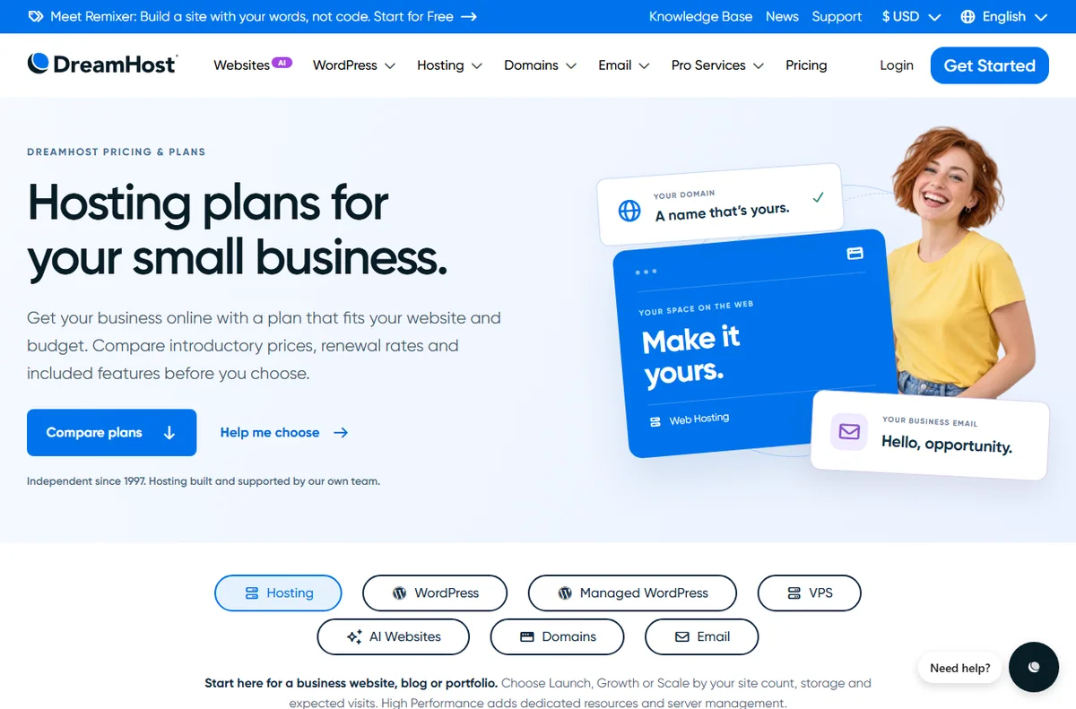DreamHost plans and pricing page used during sign-up
