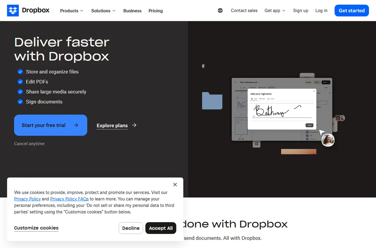 Dropbox for teams and professionals homepage