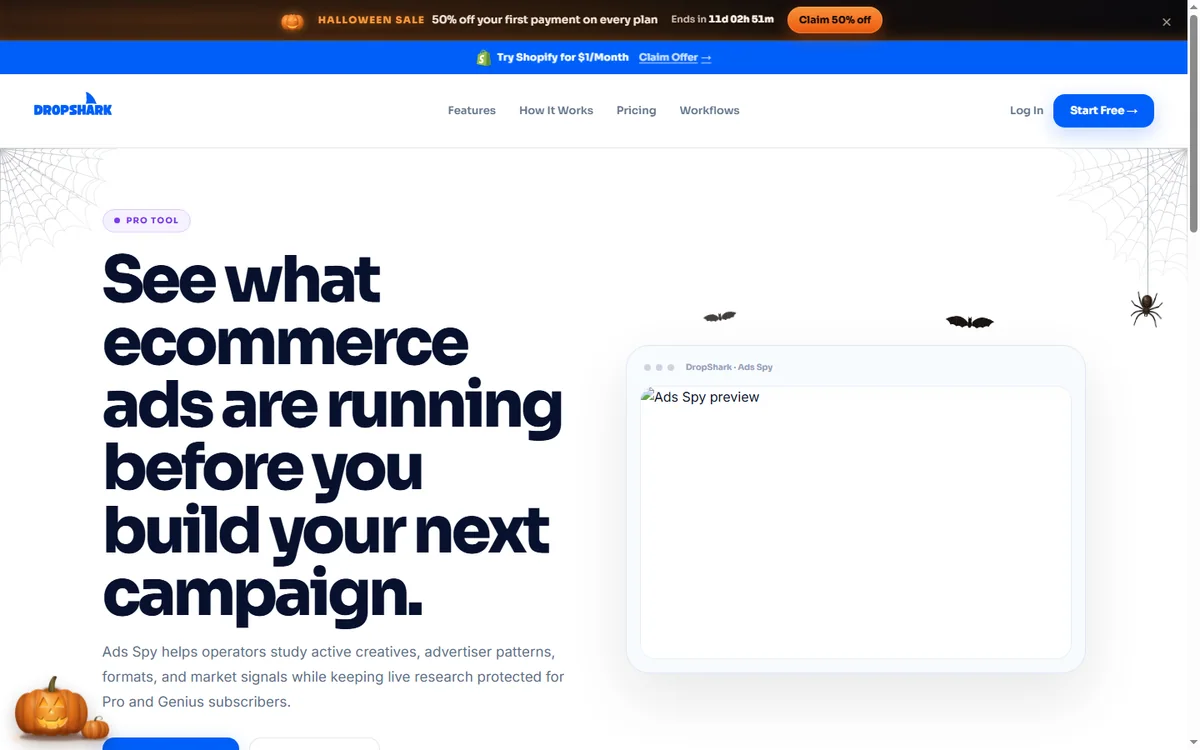 DropShark Ads Spy screen showing competitor ad creatives