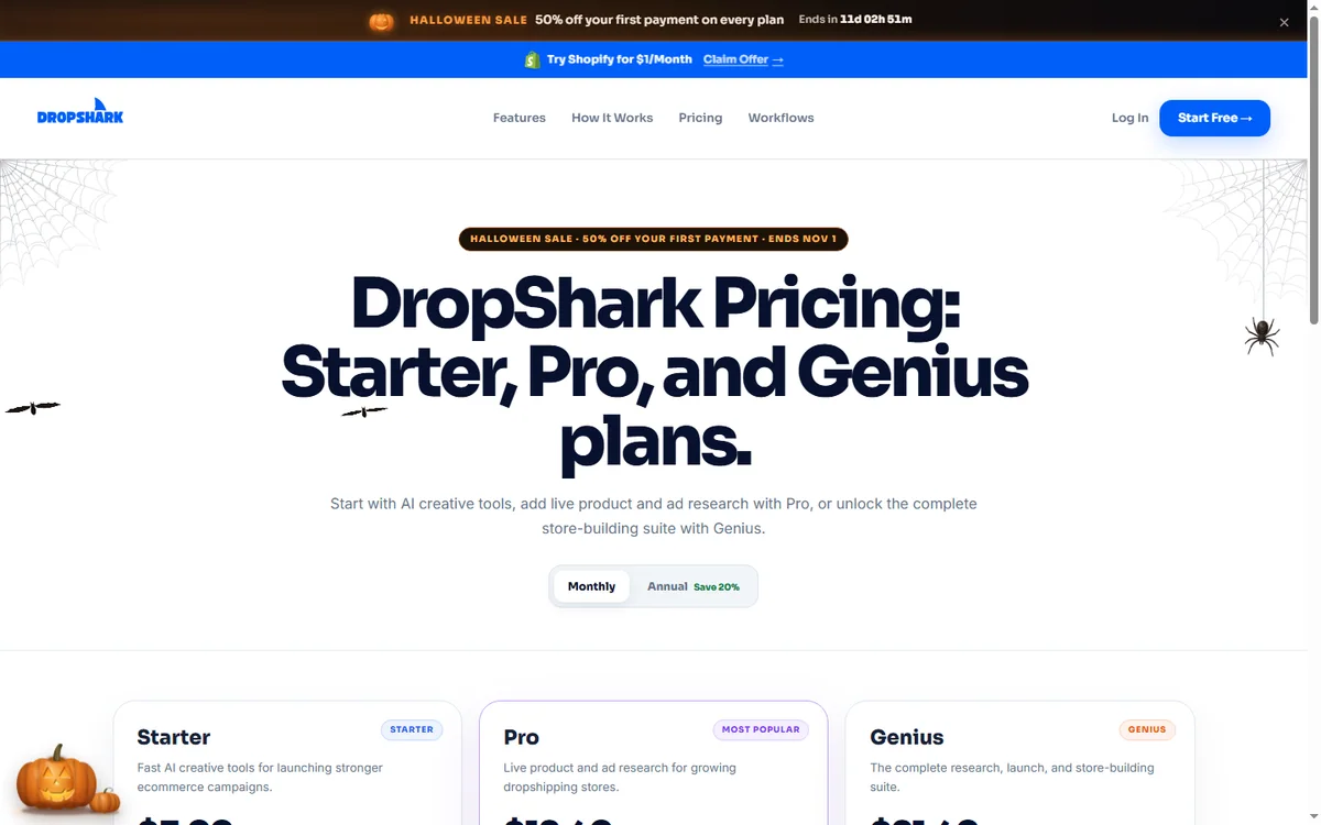 DropShark pricing page with plan tiers