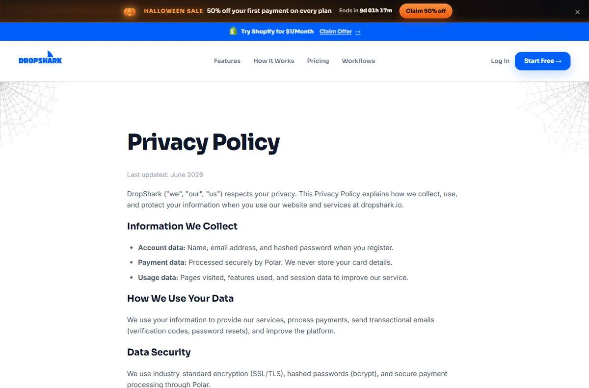 DropShark privacy policy page