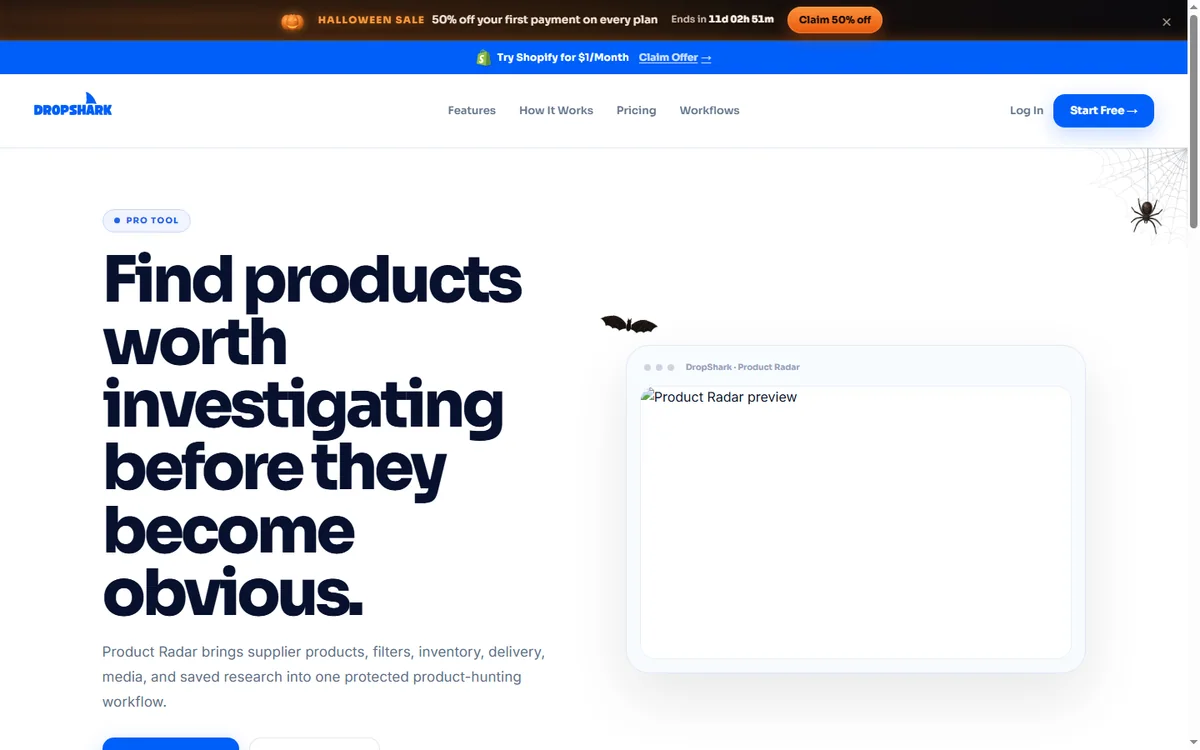 DropShark Product Radar screen for spotting trending products