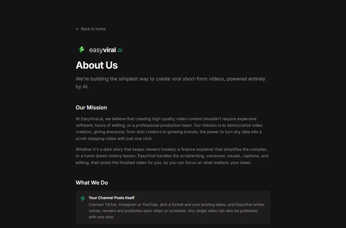 EasyViral.ai about page describing automated video publishing