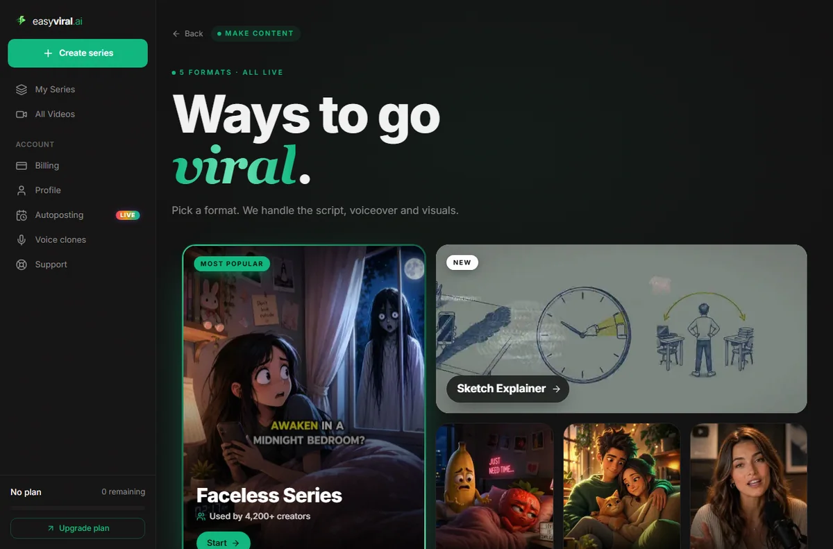 EasyViral.ai content creation screen for generating a video