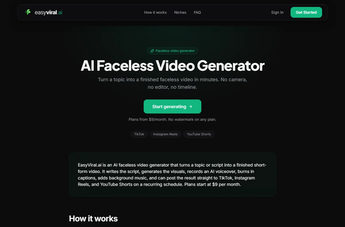 EasyViral AI faceless video generator page