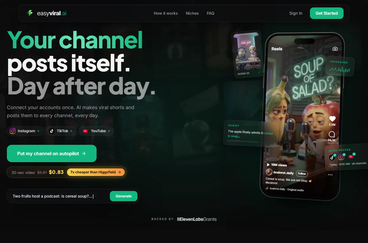 EasyViral.ai homepage for AI faceless video generation